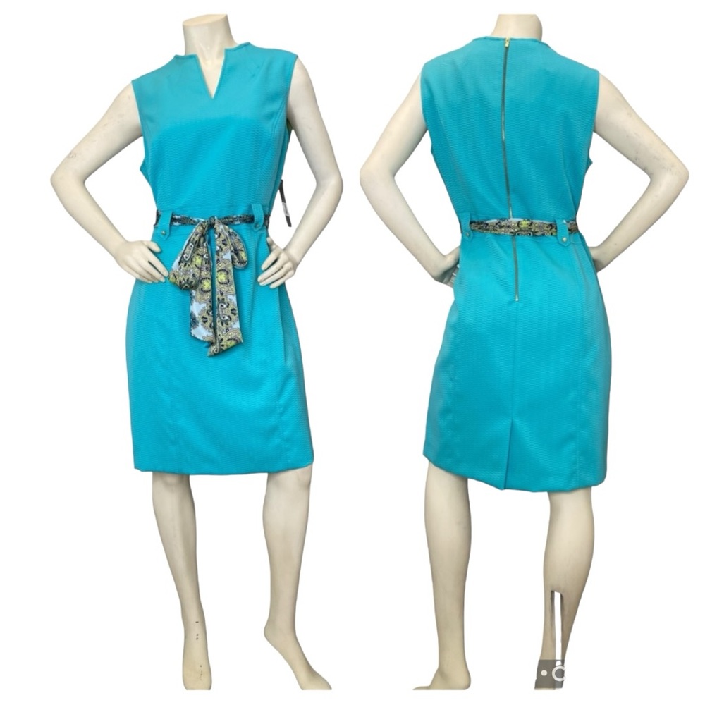 TAHARI AUTHUR S LEVINE ASL Aqua Blue Sleeveless Belted Knee Length Sheath Dress